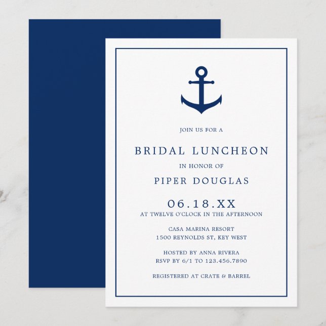 Elegant Nautical Navy Blue Anchor Möhippa Luncheon Inbjudningar (Fram/baksida)