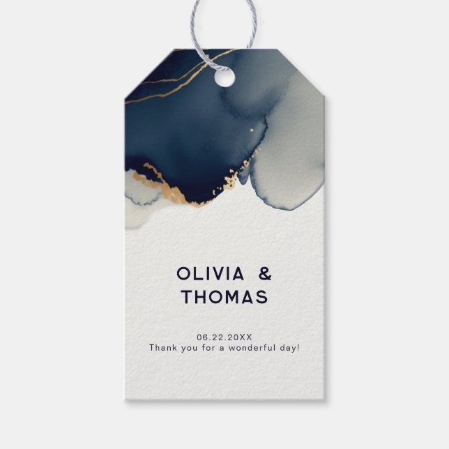 Elegant Nautical Navy Blue Beach Wedding Tack Presentetikett (Framsidan)