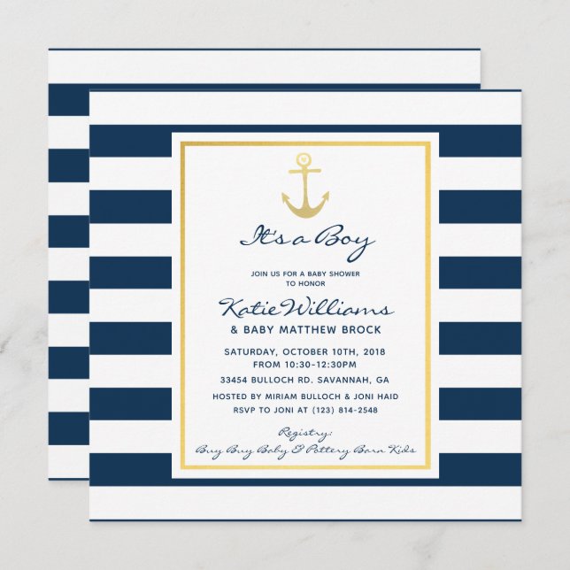 Elegant Nautical Navy och Guld Anchor Baby Shower Inbjudningar (Fram/baksida)