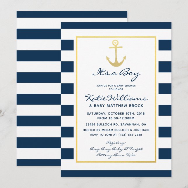 Elegant Nautical Navy och Guld Boy Baby Shower Inbjudningar (Fram/baksida)