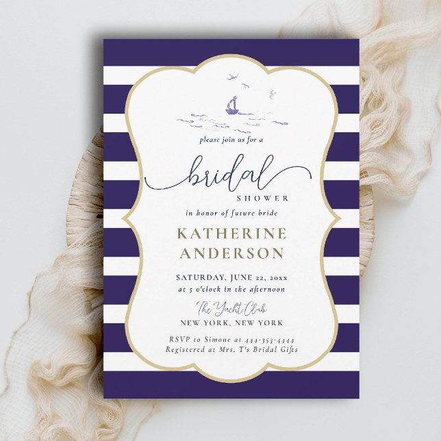 Elegant Nautical Rand Boat Modern Möhippa Inbjudningar (nautical bridal shower invitation coastal beach yacht boat sailing stripes elegant frame)