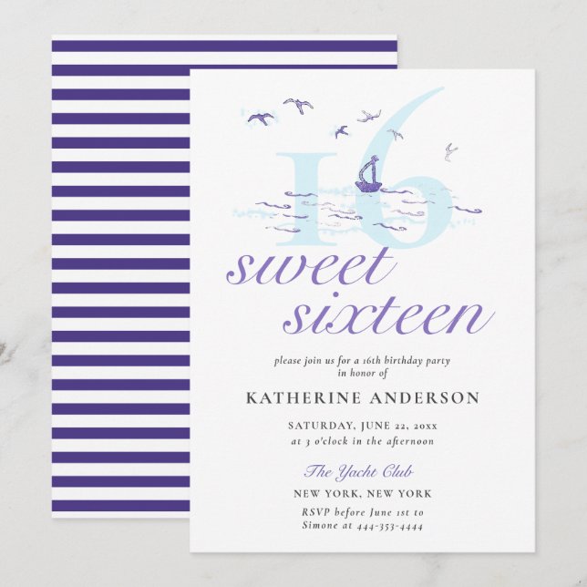 Elegant Nautical Rand Boat Ocean Sweet 16 Inbjudningar (Fram/baksida)