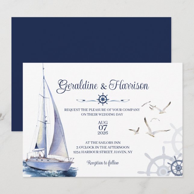 Elegant Nautical Sailing Bröllop Inbjudningar (Fram/baksida)