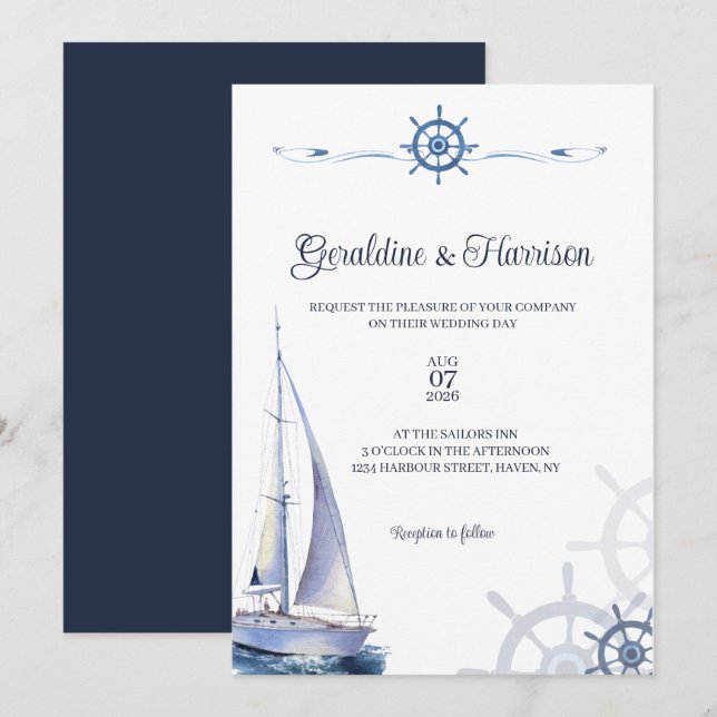 Elegant Nautical Sailing Bröllop Inbjudningar (Fram/baksida)