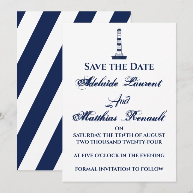 Elegant Nautical Save the Date - Navy Blue, Inbjudningar (Fram/baksida)