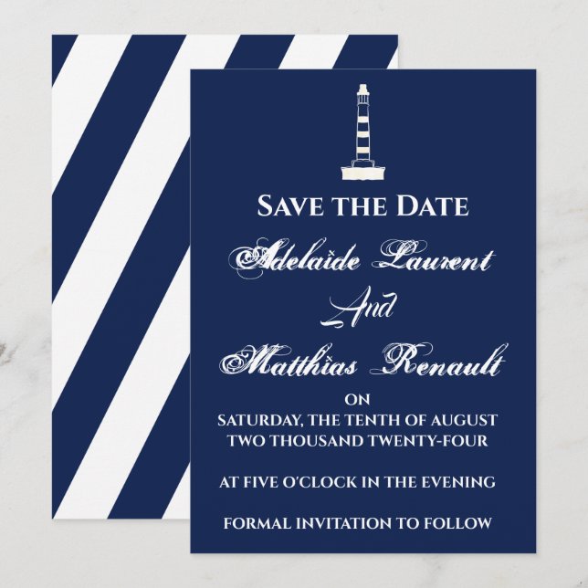 Elegant Nautical Save the Date - Navy Blue, Inbjudningar (Fram/baksida)