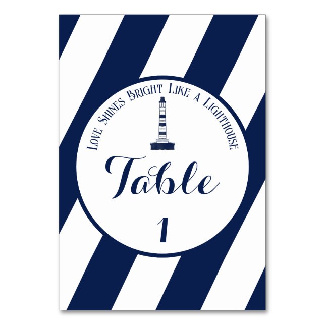Elegant Nautical Stripe Bröllop - Navy Blue, White Bordsnummer (Framsidan)