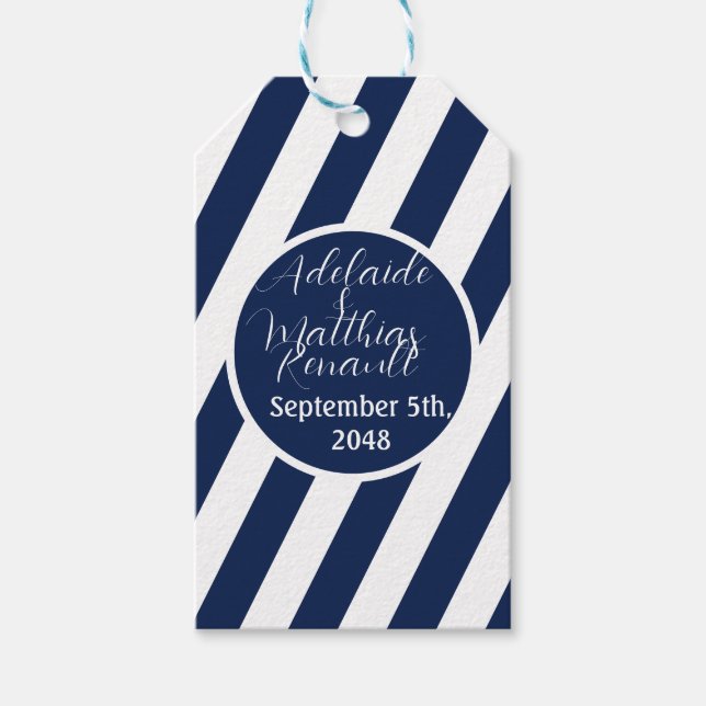 Elegant Nautical Stripe Bröllop - Navy Blue, White Presentetikett (Framsidan)