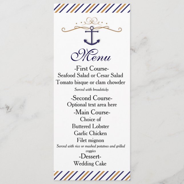 Elegant Nautical Stripe Guld Blue Bröllop Menu Meny (Framsida)