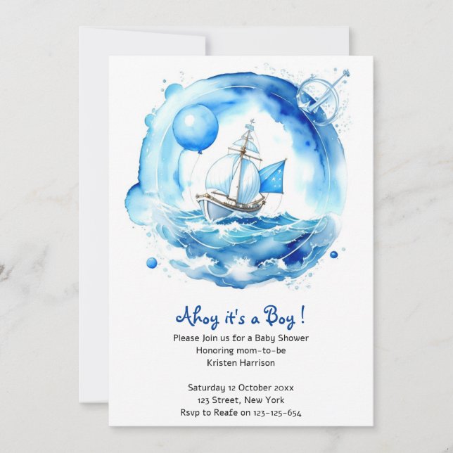 Elegant Nautical Watercolor Boy Shower Inbjudningar (Framsida)
