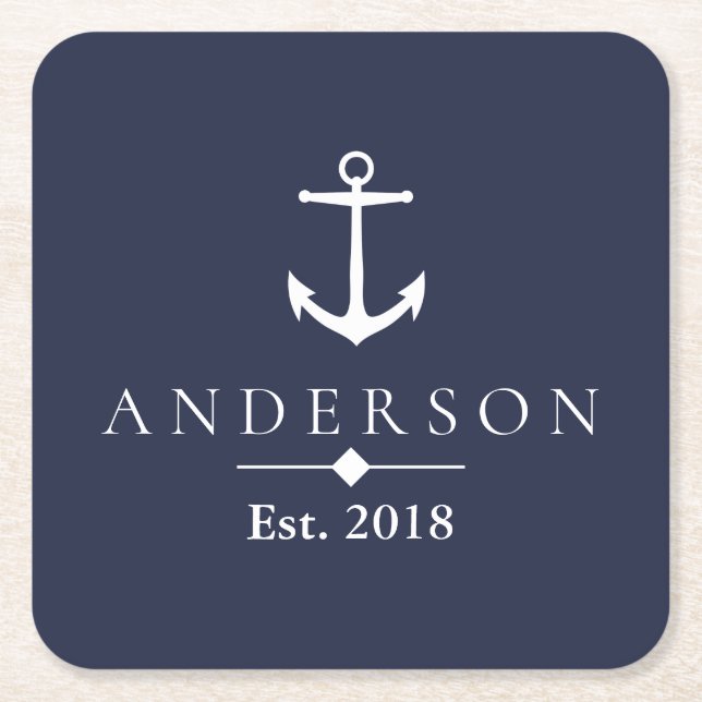 Elegant Nautical White Anchor & Family Namn Underlägg Papper Kvadrat (Framsidan)