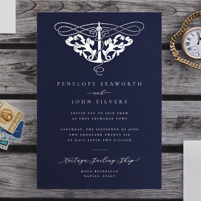 Elegant nautisk ankare marinblå bröllop inbjudningar (Elegant Nautical Anchor Navy Blue Wedding Invitation)