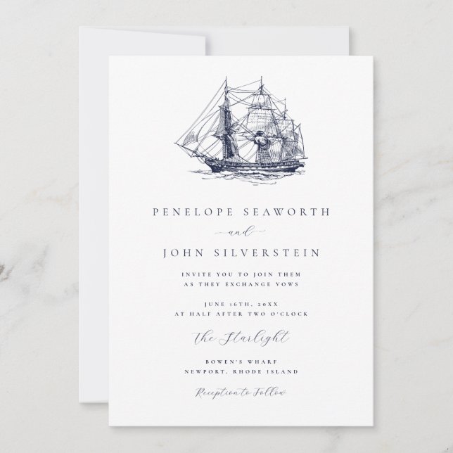Elegant nautisk båtillustration Bröllop Inbjudningar (Framsida)