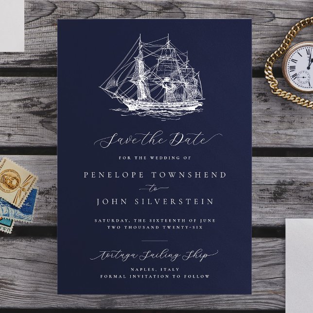 Elegant nautisk fartygs Navy Blue Bröllop Spara Datumet (Elegant Nautical Ship Navy Blue Wedding Save The Date)