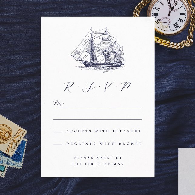 Elegant nautisk fartygsillustration Bröllop OSA Kort (Elegant Nautical Ship Illustration Wedding RSVP Card)