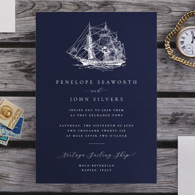 Elegant nautisk fartygsillustration Marinbröllop Inbjudningar (Elegant Nautical Ship Illustration Navy Wedding Invitation)