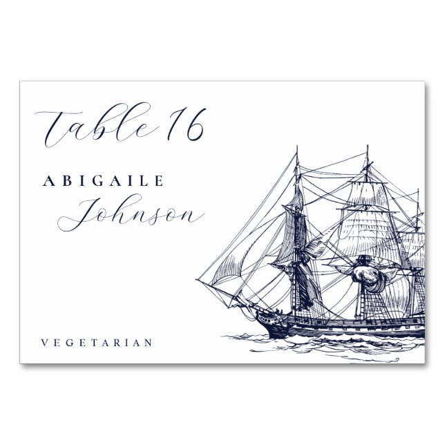 Elegant nautisk fartygsillustration Skript Bröllop Bordsnummer (Framsidan)