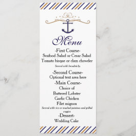 Elegant nautisk randig guld blå bröllopsmeny meny