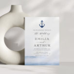elegant nautisk stil vattenfärgsblått bröllop inbjudningar<br><div class="desc">Vattenfärgsblå design för nautiskt havstema bröllopsinbjudan. Du kan ändra inbjudan,  storlek text,  färg och teckensnitt på den här mallen.</div>