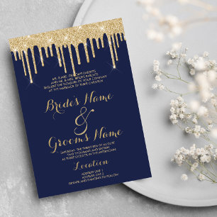 Elegant nave Blue guld glitter droppar Bröllop Inbjudningar