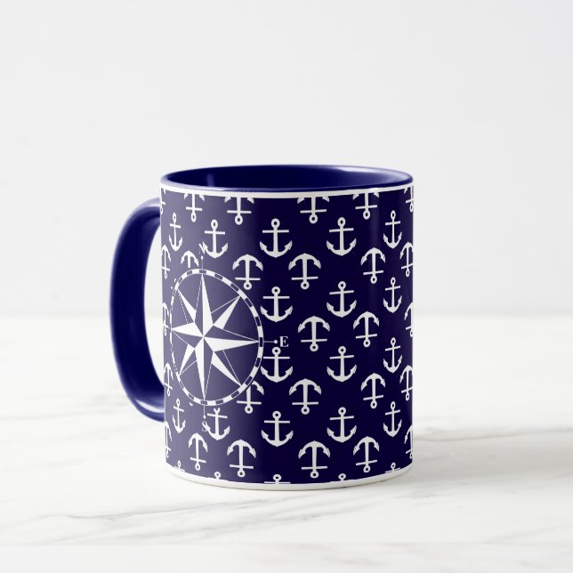 Elegant navigationskompass och ankare mönster blå mugg (Framsida vänster)