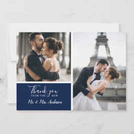 Elegant Navy 2 Photo Collage Bröllop Tack Kort
