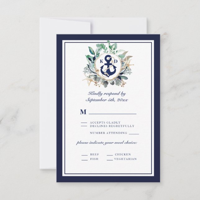 Elegant Navy Anchor Greenery Linjer Meal Choice OSA Kort (Framsida)