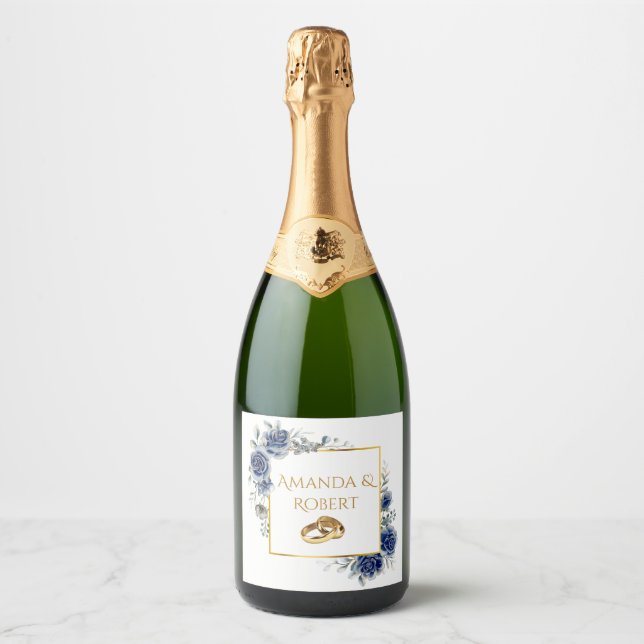 Elegant Navy and Gold Floral Sparkling Wine Label (Framsida)