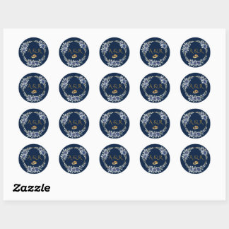 Elegant Navy and Gold Floral Wedding Envelope Seal Runt Klistermärke