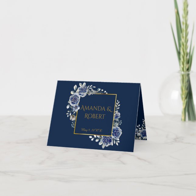 Elegant Navy and Gold Floral Wedding Folded  Tack Kort (Framsida)