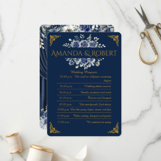 Elegant Navy and Gold Floral Wedding Program Card