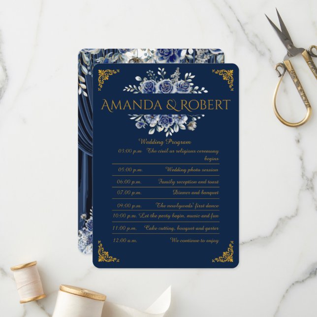 Elegant Navy and Gold Floral Wedding Program Card (Fram/Back In Situ)