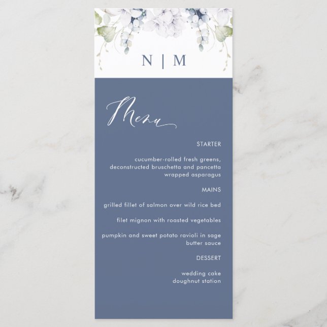 Elegant Navy and White Blommigt Bröllop Menu Meny (Framsida)