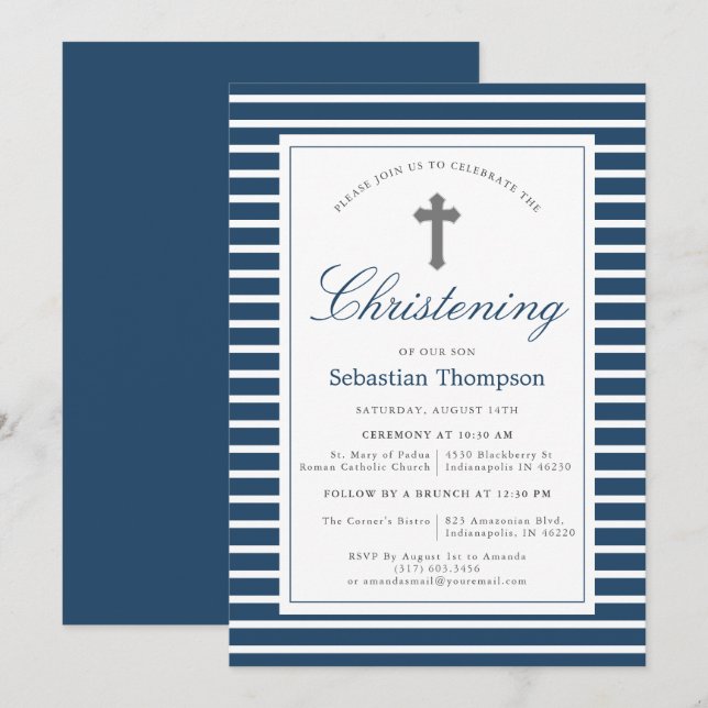 Elegant Navy and White Rand Christening Inbjudningar (Fram/baksida)