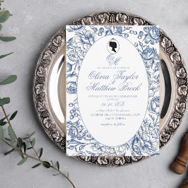Elegant Navy Blåa blommor Bridgerton Bröllop Inbjudningar