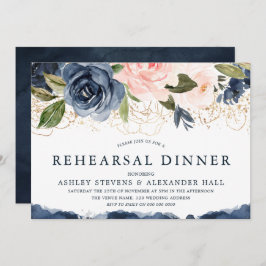 Elegant Navy Blommigt Guld  Rehearsal Dinner Inbjudningar