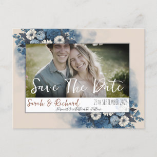 Elegant Navy Blommigt Photo Save Date Vykort
