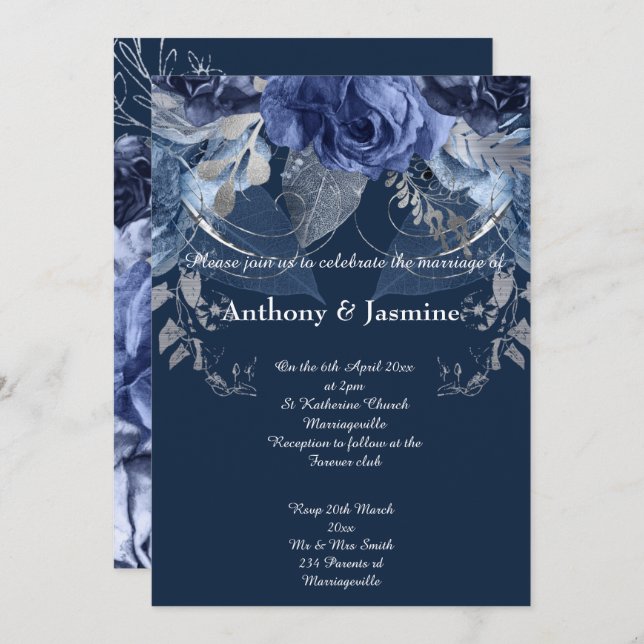 ELEGANT NAVY BLOMMIGT RO WEDING INVICATION INBJUDNINGAR (Fram/baksida)