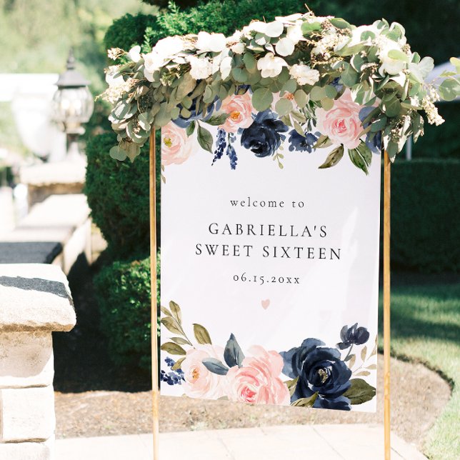 Elegant Navy  Blommigt Sweet 16 Välkommen Poster (Skapare uppladdad)