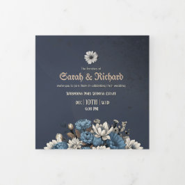 Elegant Navy Blommigt Tri Fold Inbjudan