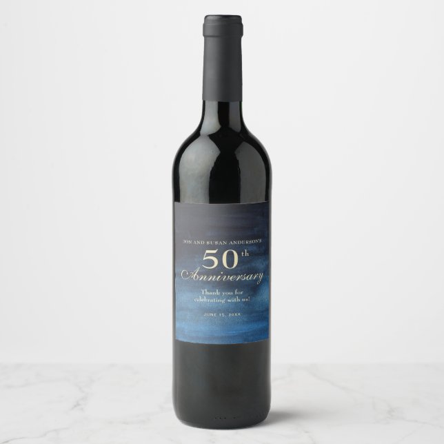 Elegant Navy Blue 50-års bröllopsjubileum Vinflaska Etikett (Framsida)