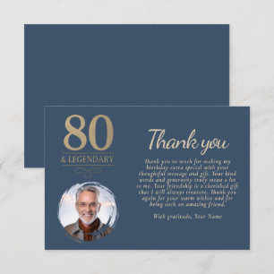 Elegant Navy Blue 80 & Legendarisk Födelsedagsfoto Tack Kort