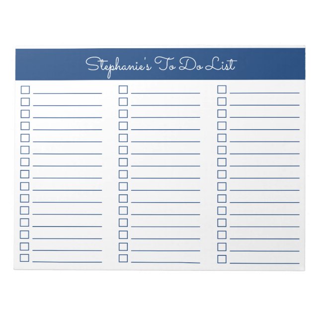Elegant Navy Blue 8.5x11 Three Column Checklist Anteckningsblock (Framsida)