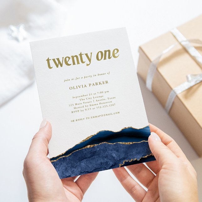 Elegant Navy Blue Agate och Guld | 21:a födelsedag Inbjudningar (Skapare uppladdad)
