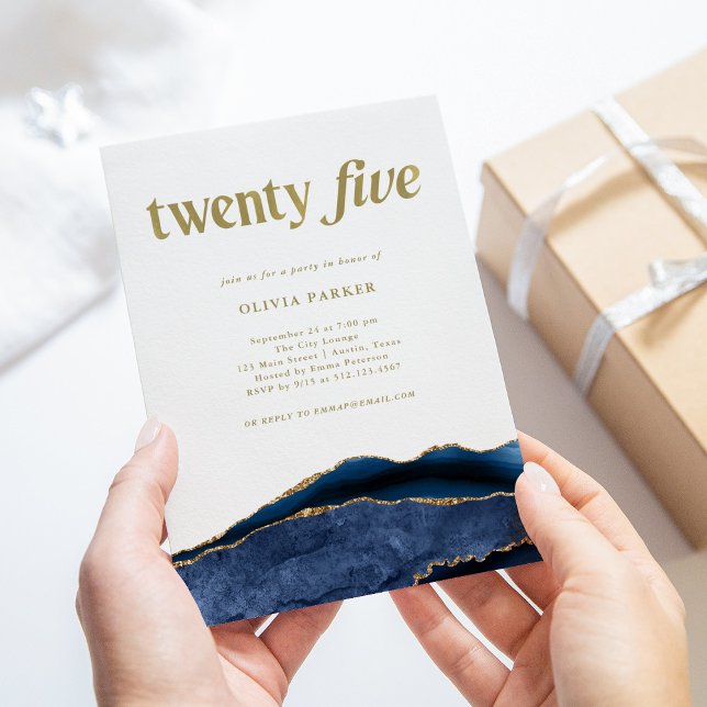Elegant Navy Blue Agate och Guld | 25:e födelsedag Inbjudningar (Skapare uppladdad)