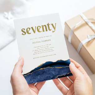 Elegant Navy Blue Agate och Guld 70:e födelsedag Inbjudningar