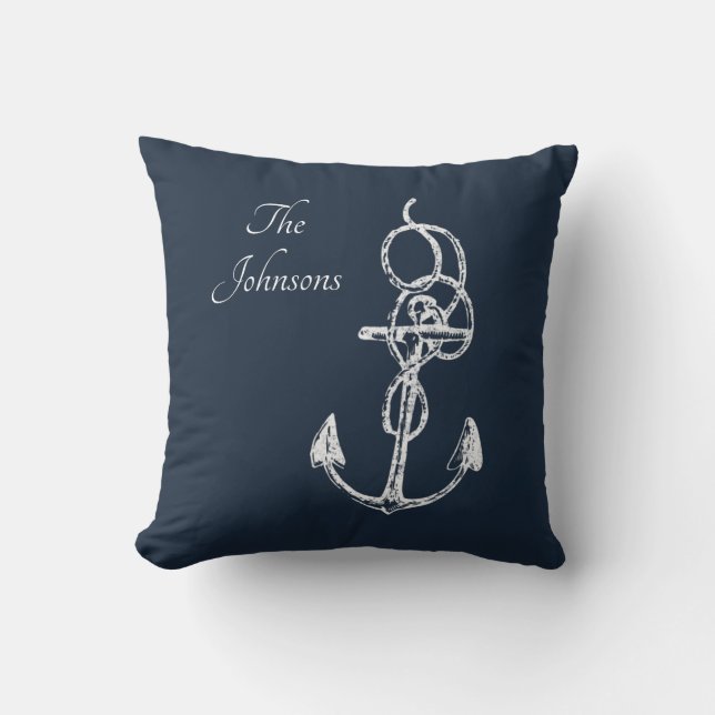 Elegant Navy Blue Anchor Anpassningsbar Family Nam Kudde (Framsida)