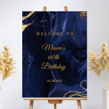 Elegant Navy Blue and Gold Birthday Welcome Sign