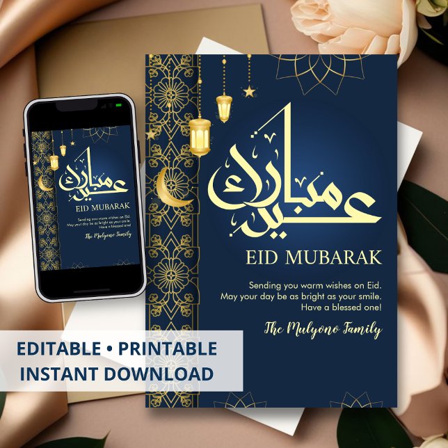 Elegant Navy Blue and Gold Floral Eid Mubarak Card Julkort (Skapare uppladdad)