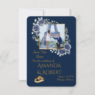 Elegant Navy Blue and Gold Floral Photo Spara Datumet